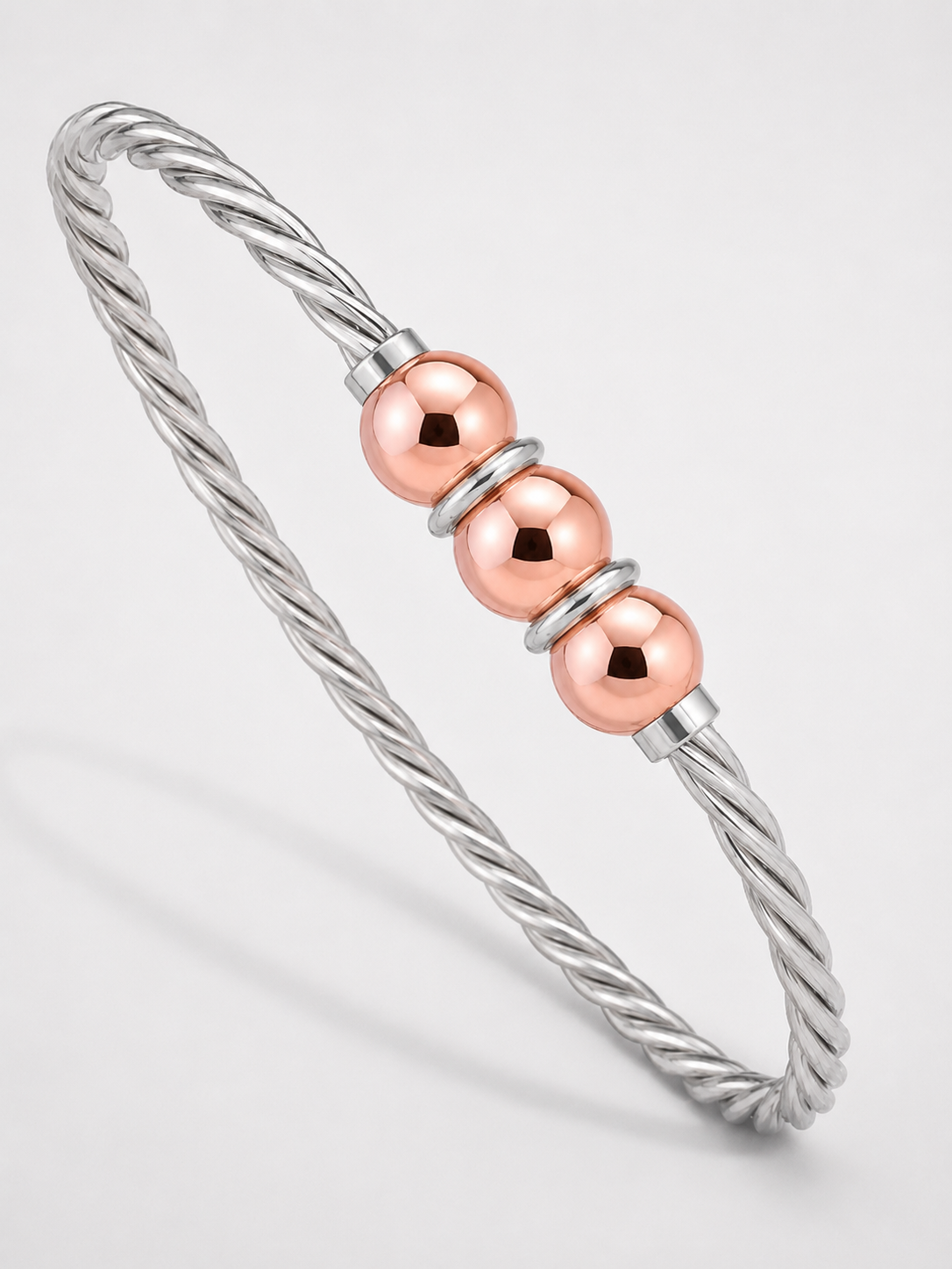 14KT ROSE GOLD CLASSIC TWISTED TRIPLE BEAD CABLE BANGLE