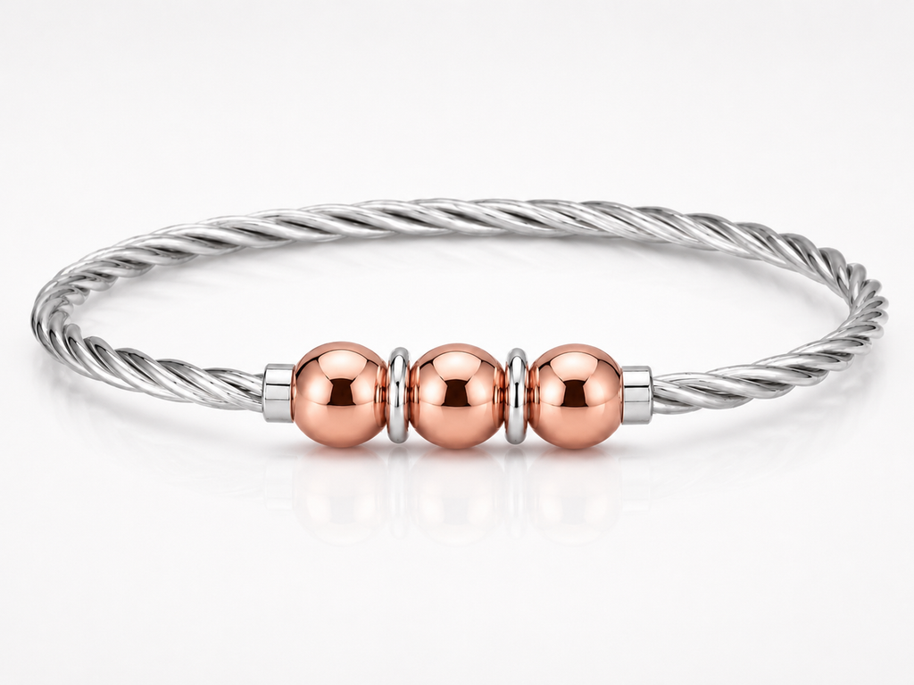 14KT ROSE GOLD CLASSIC TWISTED TRIPLE BEAD CABLE BANGLE