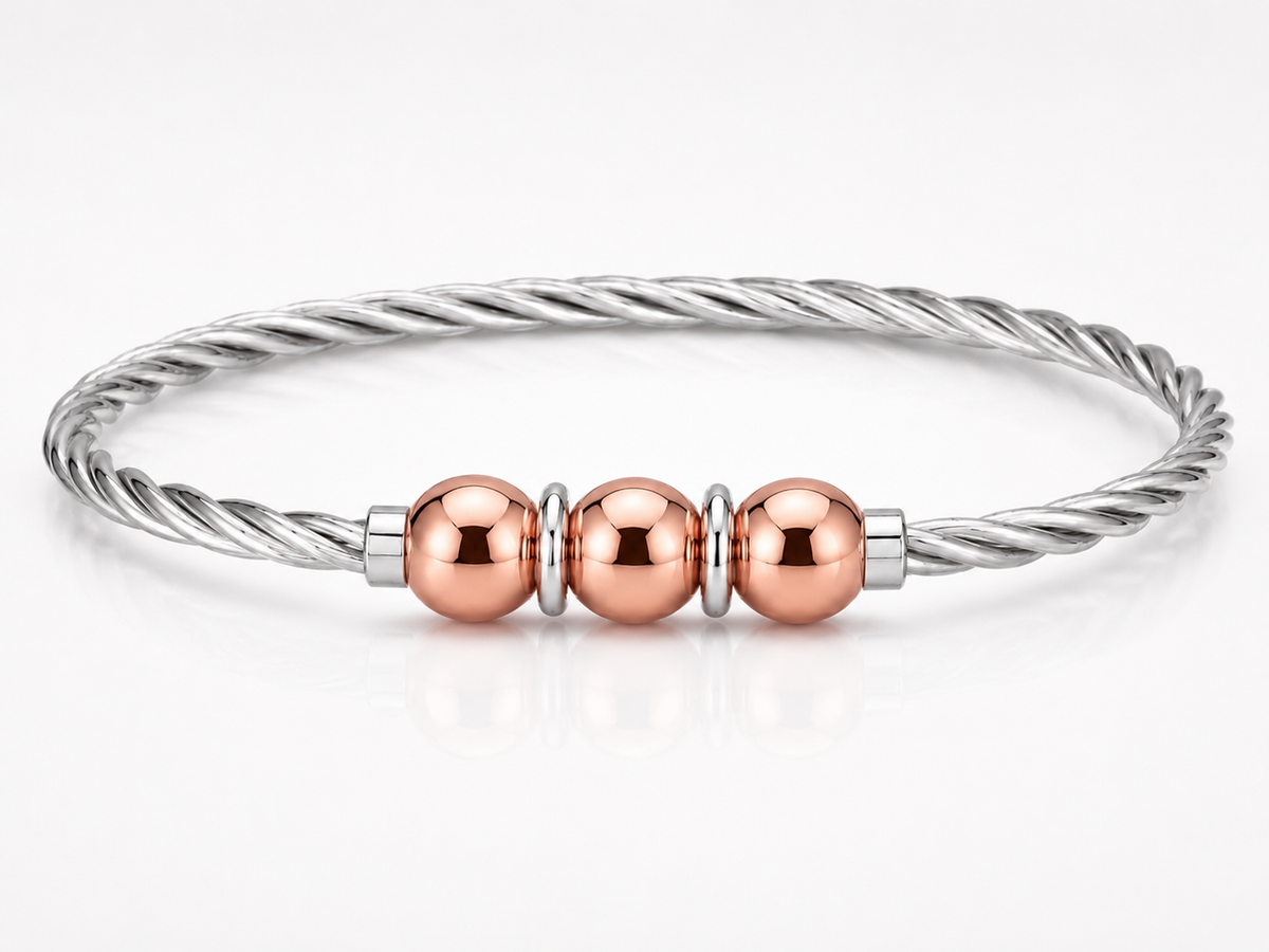 14KT ROSE GOLD CLASSIC TWISTED TRIPLE BEAD CABLE BANGLE