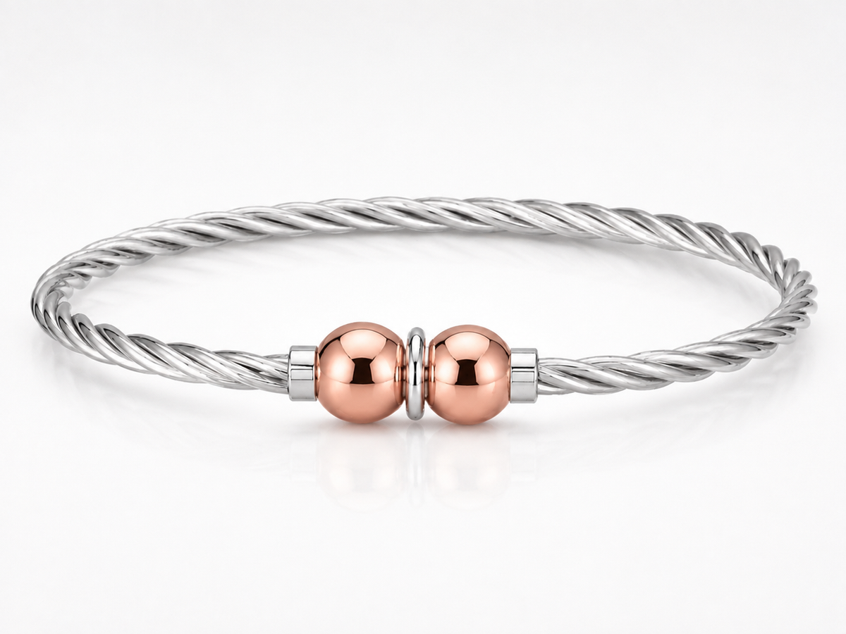 14KT ROSE GOLD CLASSIC TWISTED DOUBLE BEAD CABLE BANGLE