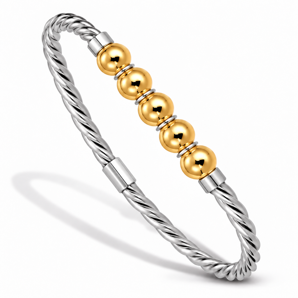 14KT YELLOW CLASSIC TWISTED FIVE BEAD CABLE BANGLE- CLASP AT THE BOTTOM.