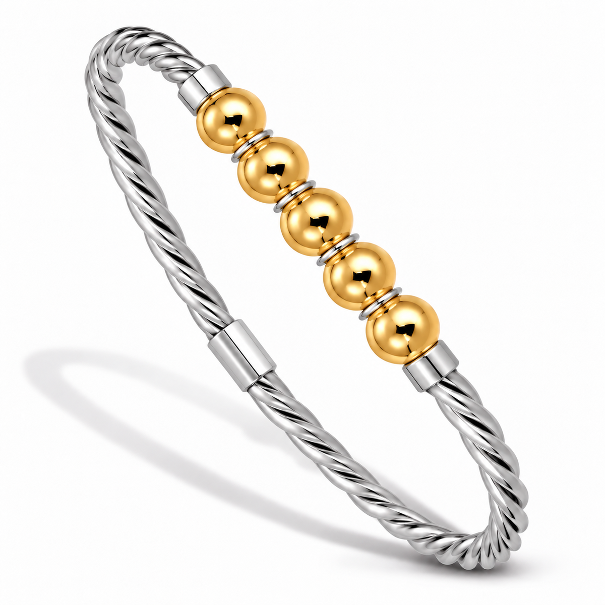 14KT YELLOW CLASSIC TWISTED FIVE BEAD CABLE BANGLE- CLASP AT THE BOTTOM.