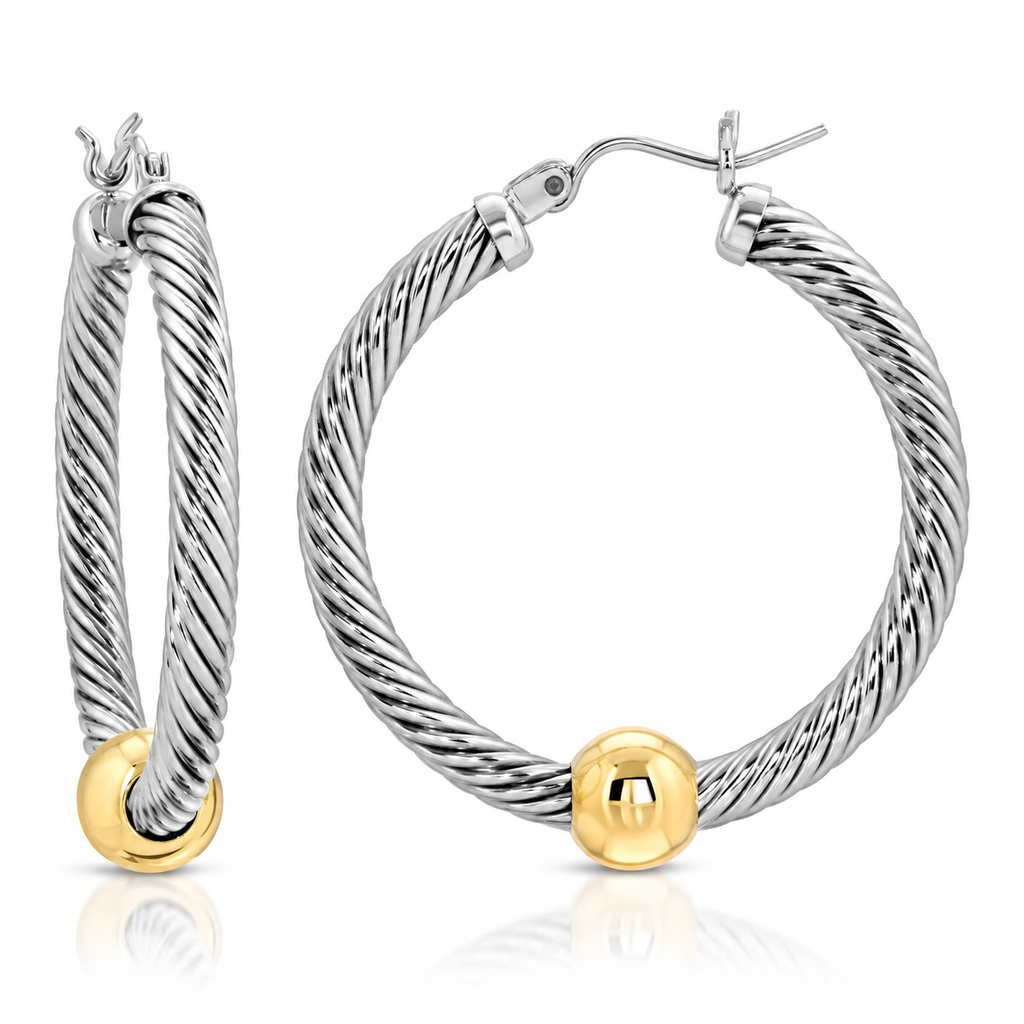14KT YELLOW INTRICATE & S.S FINDINGS TWO TONE CABLE HOOP EARRINGS (S)