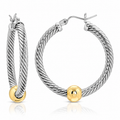 14KT YELLOW INTRICATE & S.S FINDINGS TWO TONE CABLE HOOP EARRINGS (S)