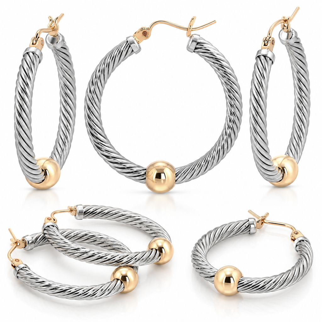 14 KT YELLOW INTRICATE TWO TONE CABLE HOOP EARRINGS (M)