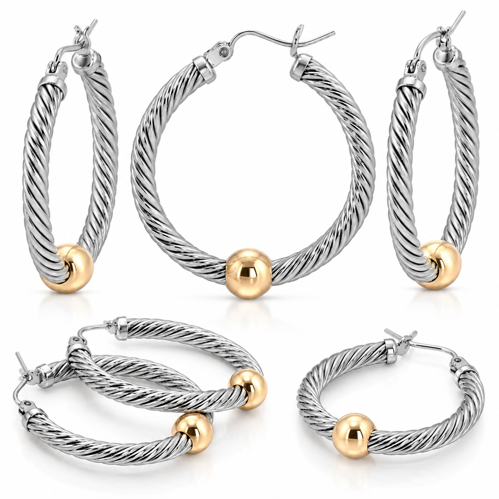 14KT YELLOW INTRICATE & S.S FINDINGS TWO TONE CABLE HOOP EARRINGS (S)