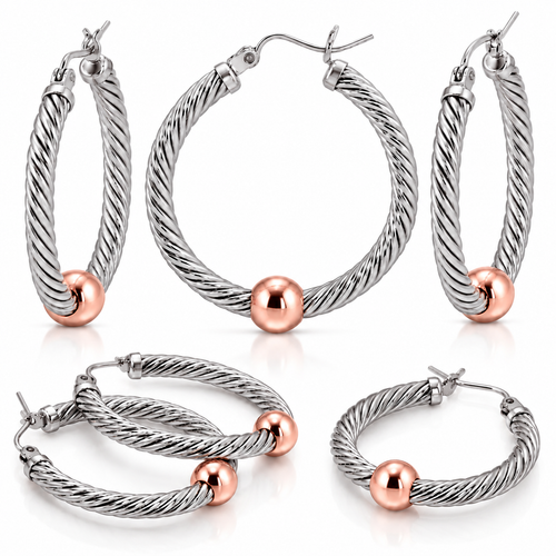14 KT ROSE GOLD INTRICATE TWO TONE CABLE HOOP EARRINGS (S)