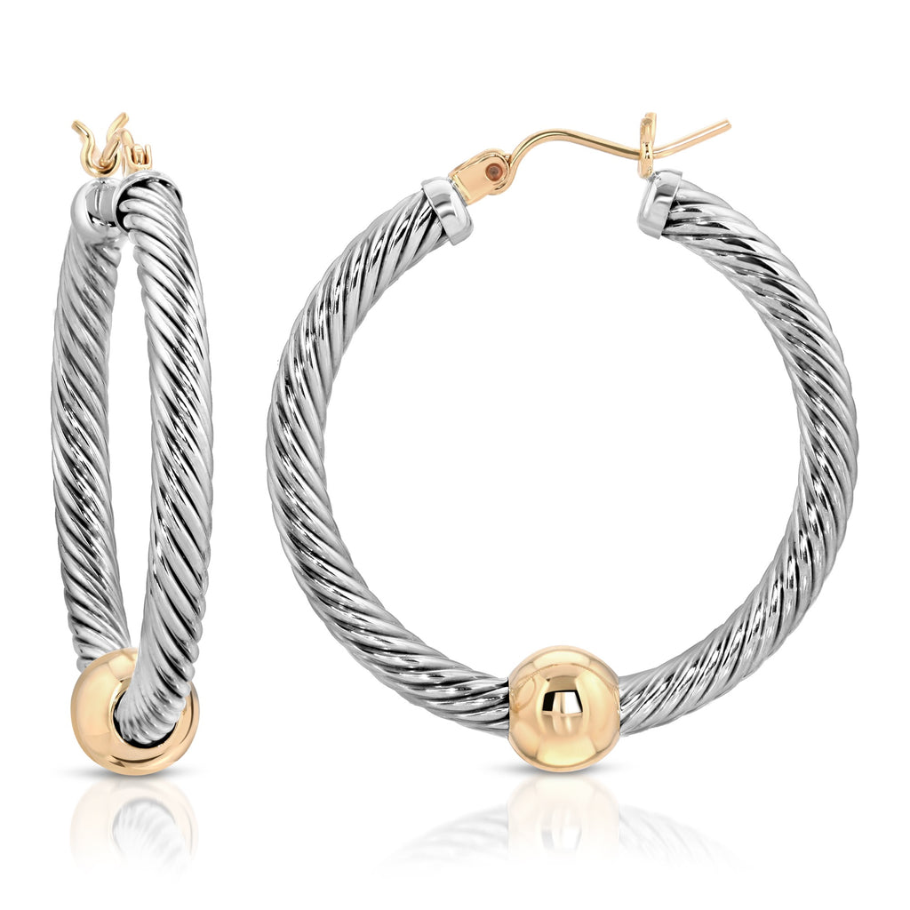 14 KT YELLOW INTRICATE TWO TONE CABLE HOOP EARRINGS (M)